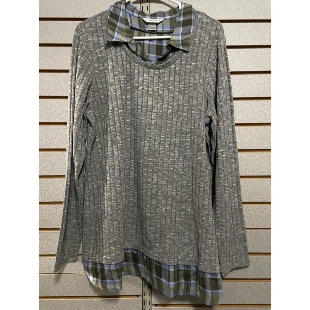 Christopher & Banks XL Long Sleeve Gray Plaid "Under Shirt" Blouse Business Cash